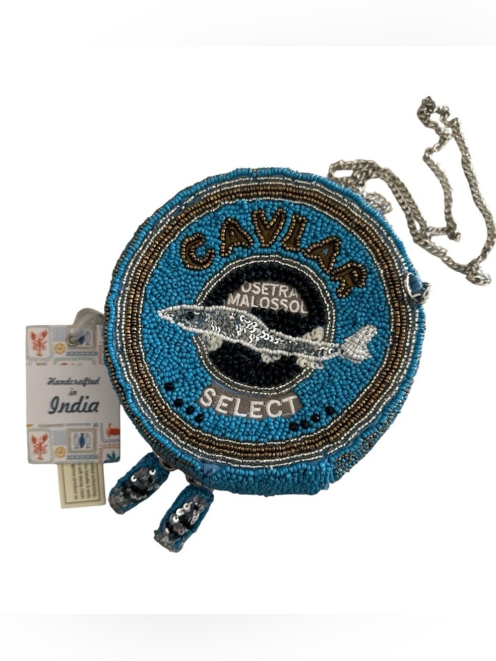 Handcrafted In India Beaded Caviar Blue Fish Theme Round Crossbody Bag